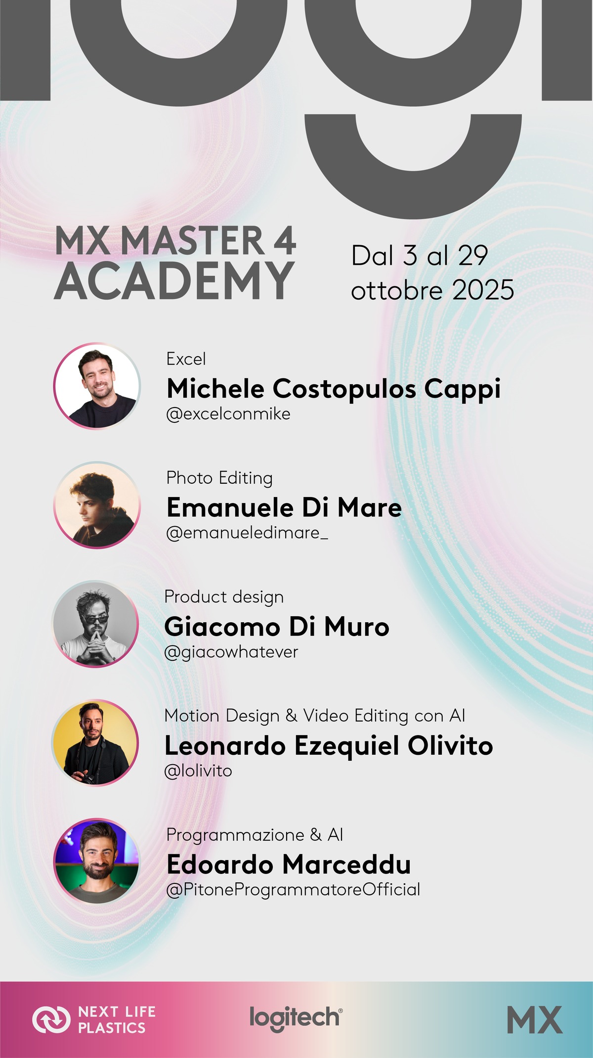 La locandina della MX Master 4 Academy di Logitech: cinque creator, dal 3 al 29 ottobre 2025