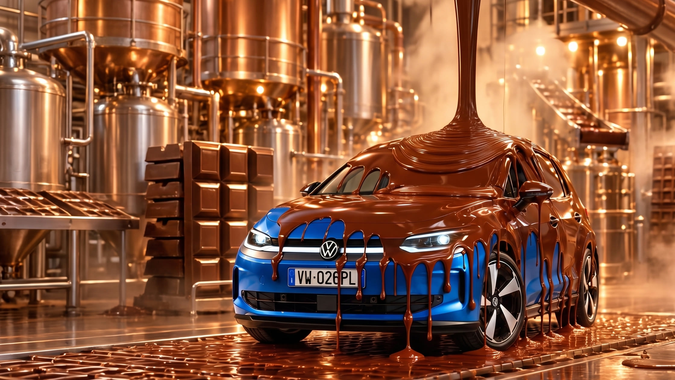 La Nuova ID. Polo ricoperta di cioccolato in una fabbrica, reel con intelligenza artificiale per LOL Media