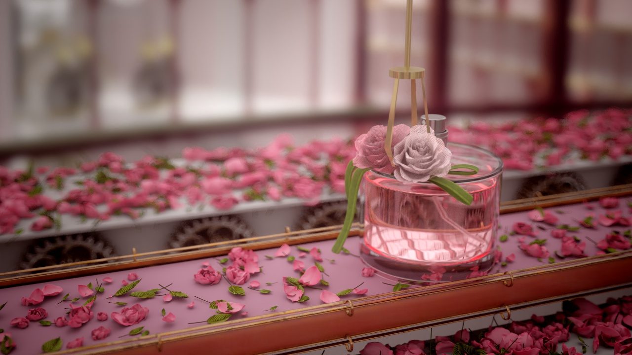 Monnalisa profumo flacone rose nastro trasportatore